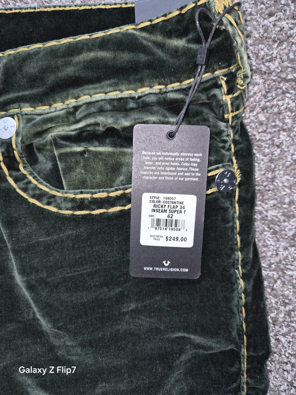 True Religion Men's Dark Green Washed Bootcut Jeans with Yellow Stitching